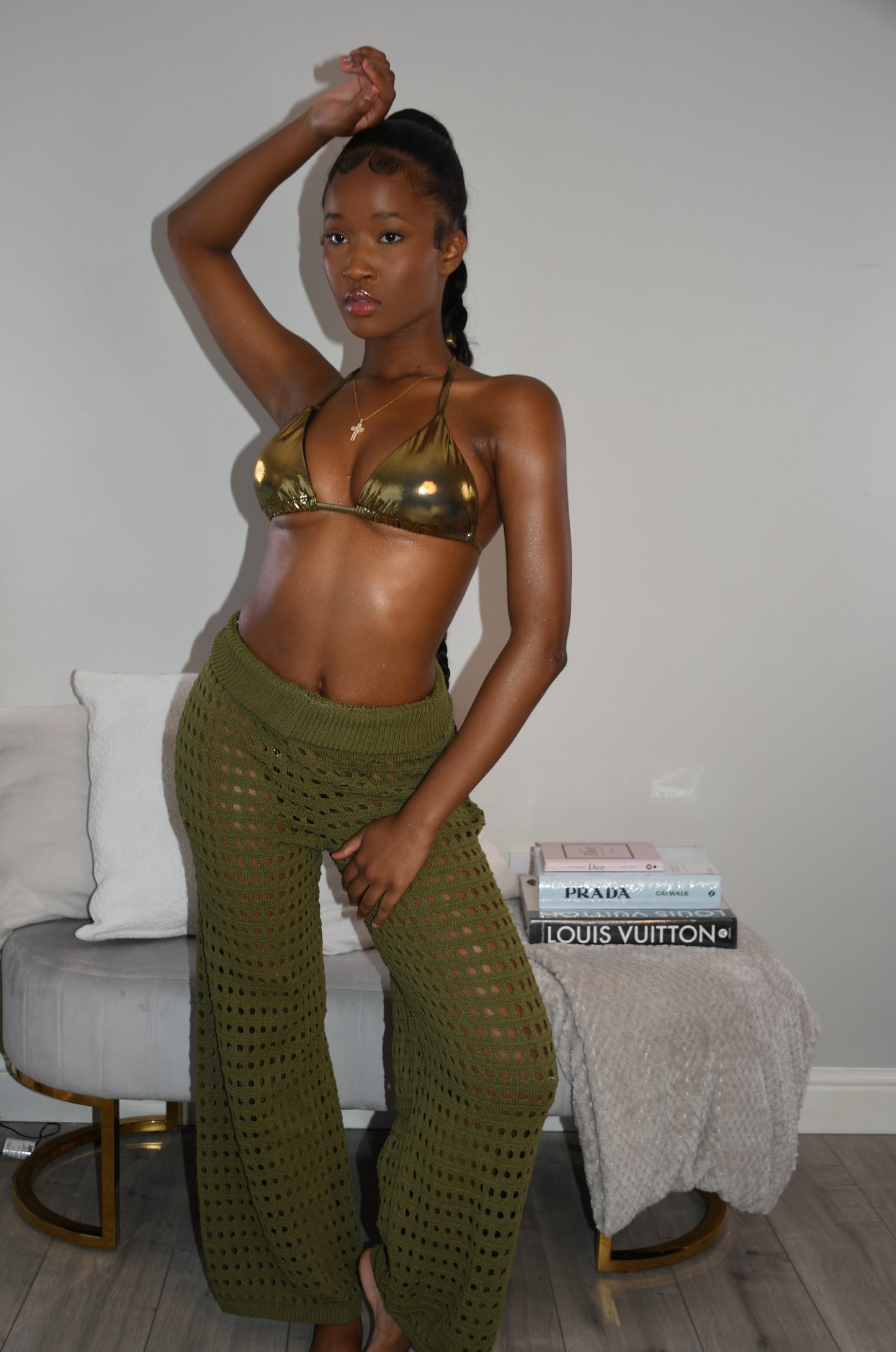Khaki crochet trousers and long sleeved crop top co-ord