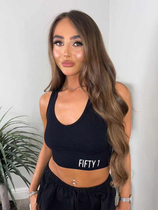 Cropped ribbed v neck gym top - Black