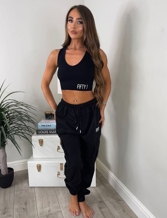 Cropped ribbed v neck gym top - Black