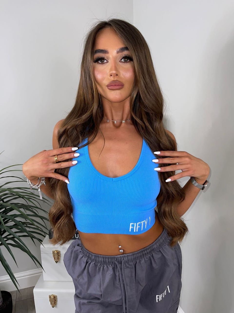 Cropped ribbed v neck gym top - Blue