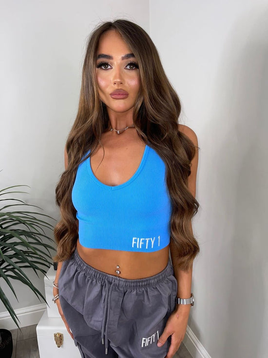 Cropped ribbed v neck gym top - Blue